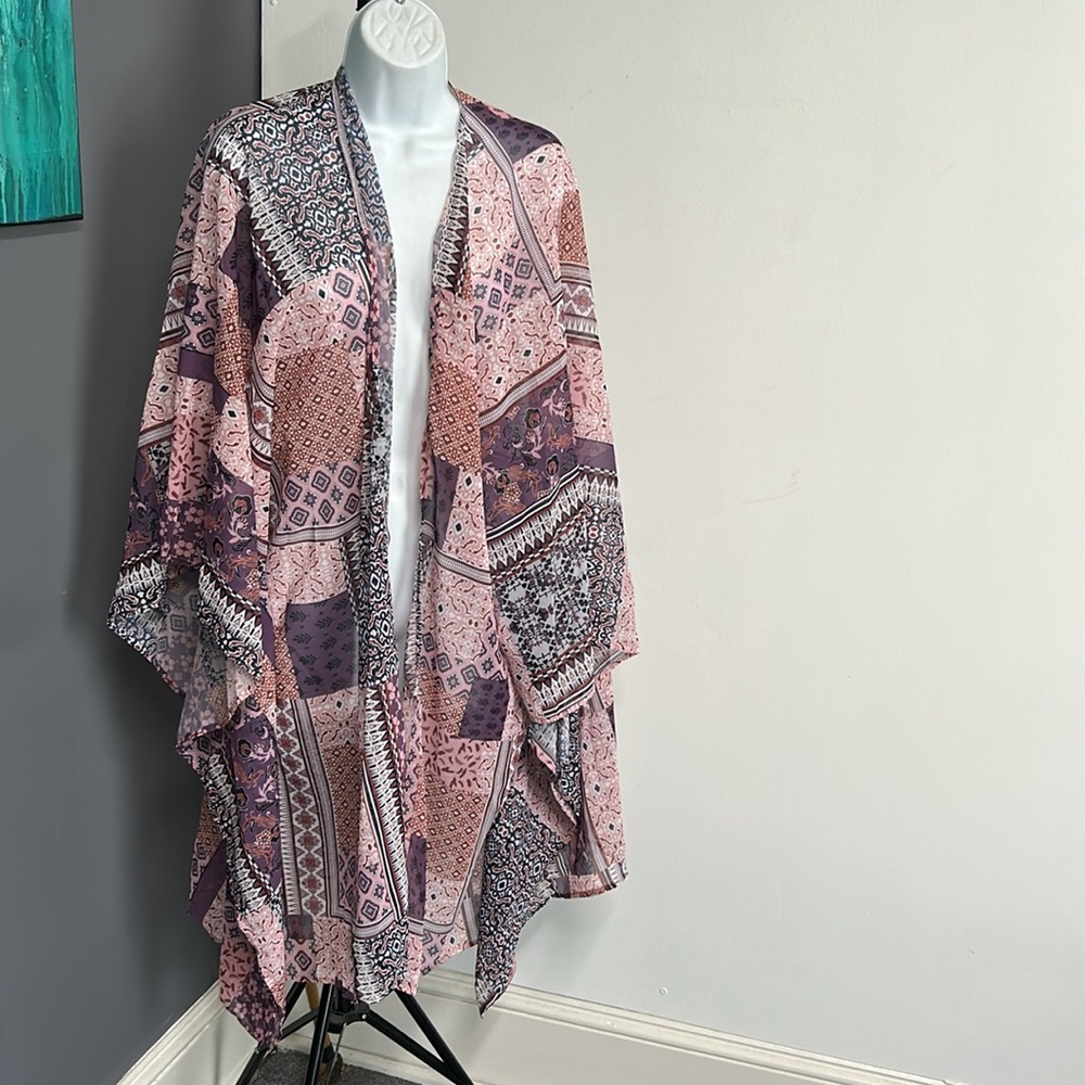 Sheer Floral Patchwork One Size Open Front Kimono Topper Boho Festival Hippie
